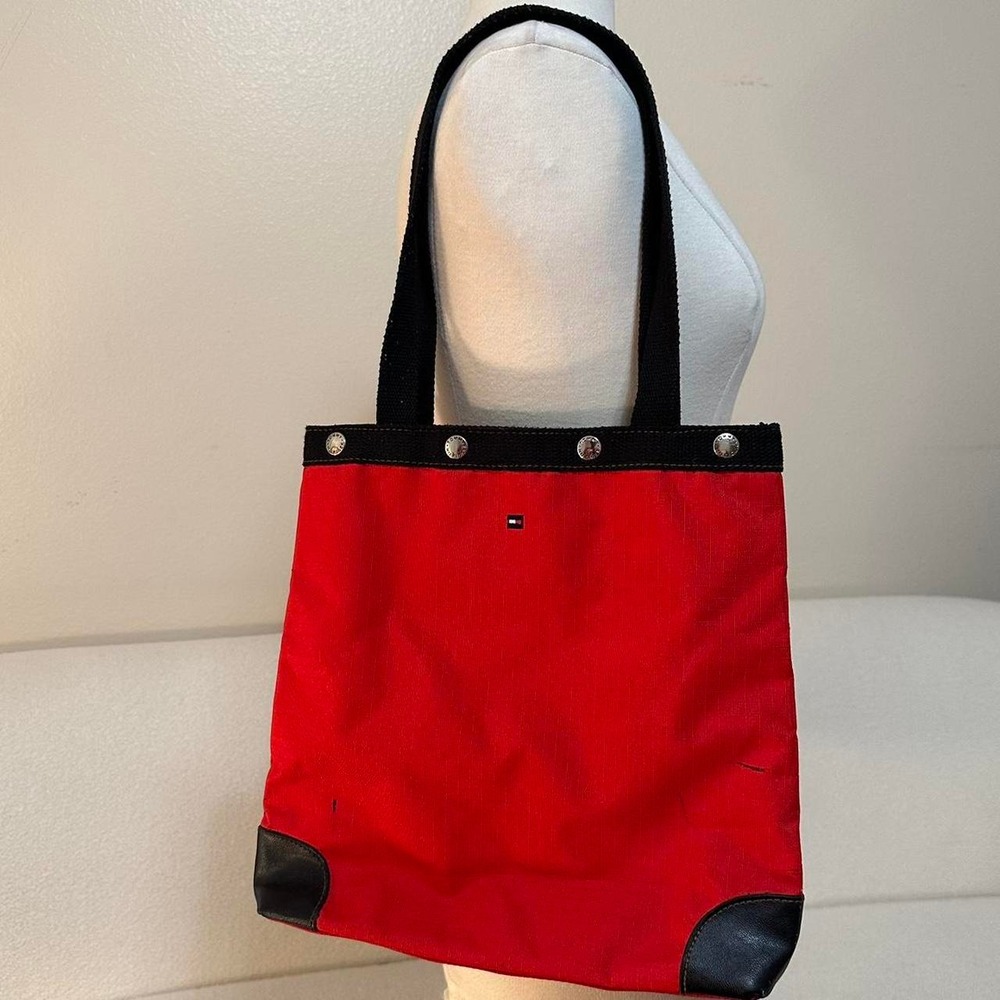 VTG Y2K Tommy Hilfiger Canvas Snap Tote Preppy Casual School Bag Women M Red
